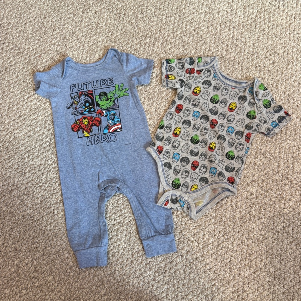 Marvel Avengers Baby Boys Romper and Bodysuit Set Blue Grey Size 6-9 Months 2pc